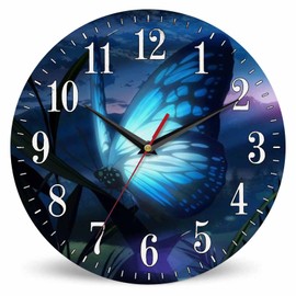 Mxocom Butterfly Wall Clock Beautiful Butterfly Radiant Blue Light 10 Inch Silent Non Ticking Battery Operated Clock Vintage Round Clock for Living Room Bedroom Bathroom Office Decor