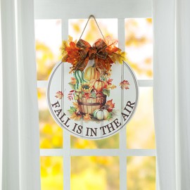 Glitzhome Fall Wooden Wall Signs for Front Door Decor 15" D, Fall is in The Air Pumpkin Maple Leaf Autumn Thanksgiving Round Wood Wreaths Wall Hanging Decor, Window, Door Fall Decor