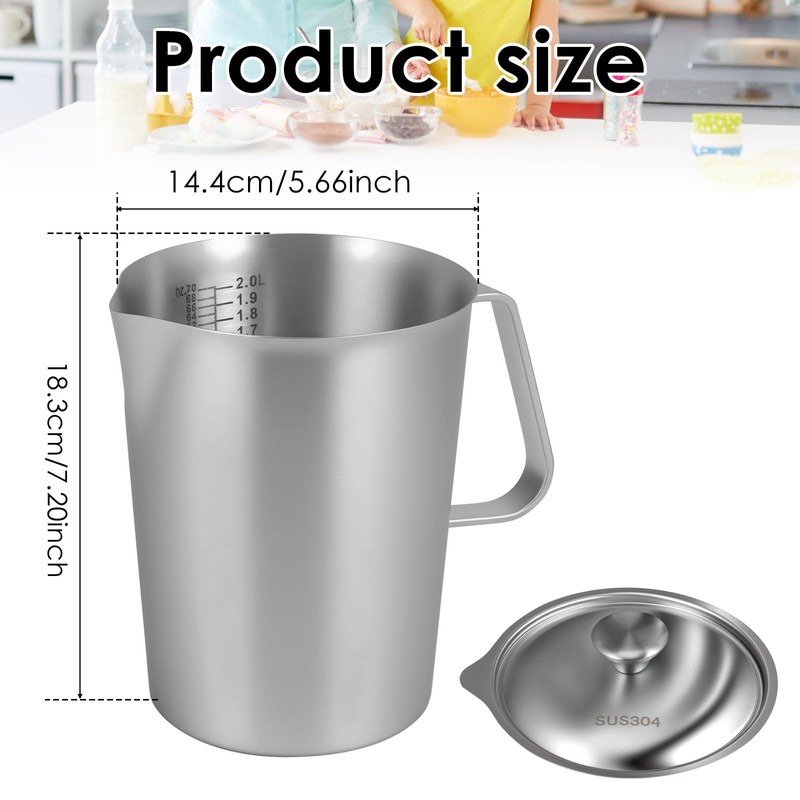 2L Stainless Steel Milk Frothing Jug with Handle and Lid
