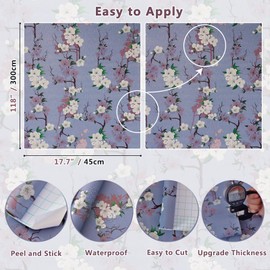ConCus-T 17.7'' x 118'' Peel and Stick Wall Paper Floral Contact Paper Removable Flower Wallpaper Blue Purple Vinyl Self Adhesive Home Decor for Cabinets Drawer Bedroom Bathroom Walls