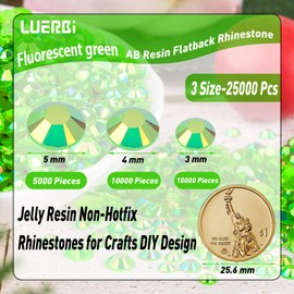 25000Pcs Green AB Rhinestones Flatback Bulk, 3mm/4mm/5mm Non-Hotfix Crystal Round Jelly Rhinestones for Crafts Makeup Nails Face Tumblers Clothes Shoes Handmade Decoration