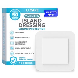 JJ CARE Waterproof Adhesive Island Dressing [Pack of 50], 6” x 6” Sterile Bordered Gauze, Breathable Island Wound Dressing, Individually Wrapped Adhesive Gauze Bandages with Non-Stick Central Pad