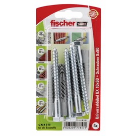 Fischer 077857 Universal Dowel, UX 10 x 60 mm, SK SB Card, 4x Hex Screws 8 x 80 mm