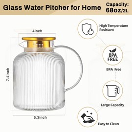 Buaic 2 Liter 68 Ounces Glass Pitcher with Lid and Spout, Large Vertical Stripes Water Pitcher ribbed Borosilicate Glass Fridge Water Carafe for Cold Brew, Coffee, Lemonade, Sun Tea,Heat Resistant
