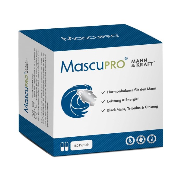 MascuPRO® Mann & Kraft - Value Box, 20:1 Black Maca, Tribulus Terrestris, Fenugreek, Cordyceps, Zinc & Amino Acids, 180 Capsules for Energy, Performance & Hormone Balance