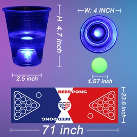 HIOHWEFH 71 * 23inch Glow Beer Pong Table Mat Set, Glowing Portable Pong Set for Party Games, Glow in The Dark Party Festivals Indoor Outdoor, 22 Glowing Party Cups(Red&Blue), 6 Glowing Pongs