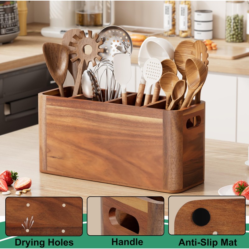 ZUJJAFY Utensil Holder, Acacia Wood Kitchen Utensil Holder for Counter