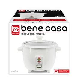 Bene Casa White Rice Cooker, 3 Cup (uncooked)/ 6 cup (cooked) Arrocera Blanca Electrica, 3 Medidas sin Cocinar, 6 Medidas Cocinada.