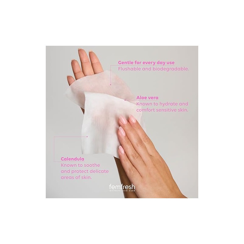 Femfresh Soothing Intimate Wipes, Flushable & Biodegradable Feminine Wipes with