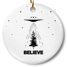 UFO Believe Paranormal Extraterrestrial Alien Christmas Tree Holiday Ornament, 3 Inch Flat Ceramic Ornament with Gift Box