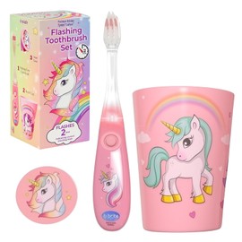 Lily's Home - Cepillo de dientes para niños con temporizador intermitente con taza y funda para cepillo de dientes. Anima a los niños a cepillarse los dientes (unicornio)