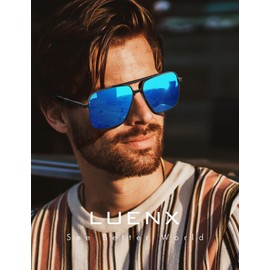 LUENX Polarized Square Aviator Sunglasses for Men Rectangular Mirror Dark Blue Lens Black Frame 61MM - UV 400 Protection
