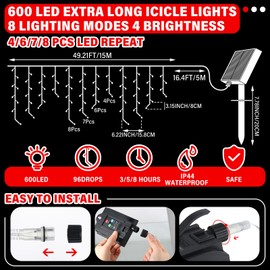 Retisee 65ft Red White Solar Wedding Icicle Light for Outdoor Decor 600 LED Waterproof Wedding Curtain String Light Solar Powered Icicle Lights for Outside Indoor Yard Porch Hanging Decor