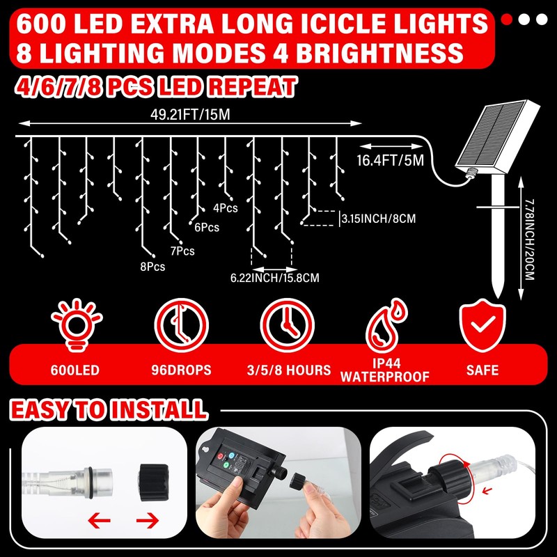 Retisee 65ft Red White Solar Wedding Icicle Light for Outdoor