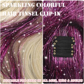 Hair Tinsel Kit 18 Pcs Hair Tinsel Clip in Fuller Sparkle, Heat Resistant Clip in Glitter Tinsel Hair Extensions Fairy Purple Hair Accessories for Women Girls Daily Party Festival (Purple)
