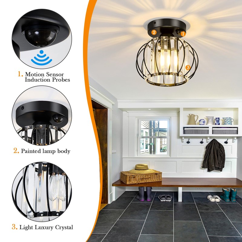 YYJLX Indoor Motion Sensor Ceiling Light Fixture Modern Cryatal Semi