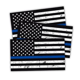 Reflective American US Flag Decal, 3 PCS 5" x 3" New Tattered Thin Blue Line US Flag Decal Stickers, Compatible with Cars & Trucks for Window Bumper Tape, Support US Military, Police and Law Enforcement Officers (Black)