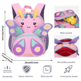 Tokeya Kids School Bags, Backpack for Girls Children Toddler SchoolBag Pink Nursery Daypack Rucksack Lightweight Waterproof Animal Bookbag Preschool 2-6 Years Nursery, Butterfly