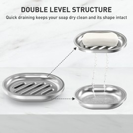 Soap Dish,Stainless Steel Soap Holder with Drain Spout,Brushed Metal Soap Saver for Bathroom Shower, Bathtub, Kitchen Sink,Durable and Stylish