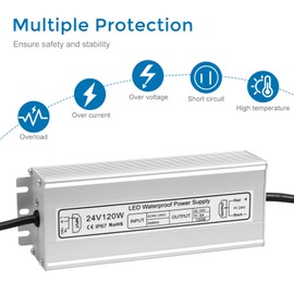 LED Driver 120W 24V Power Supply, IP67 Waterproof Low Voltage Transformer, AC 80-265V to DC 24V 5A Converter with 3-Prong Plug 3.3 Feet Cable for Outdoor LED Lights, Industrial, Computer