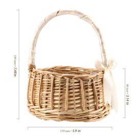 HEIHAK 2 Pcs 15 × 19cm Rattan Flower Basket, Flower Girl Basket with Handles and White Ribbon, Willow Handwoven Basket Wicker Woven Eggs Candy Basket For Wedding Party