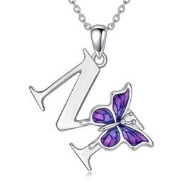 LONAGO Initial M Necklace for Women 925 Sterling Silver Purple Butterfly with A-Z 26 Letters Pendant Necklace for Graduation Gifts
