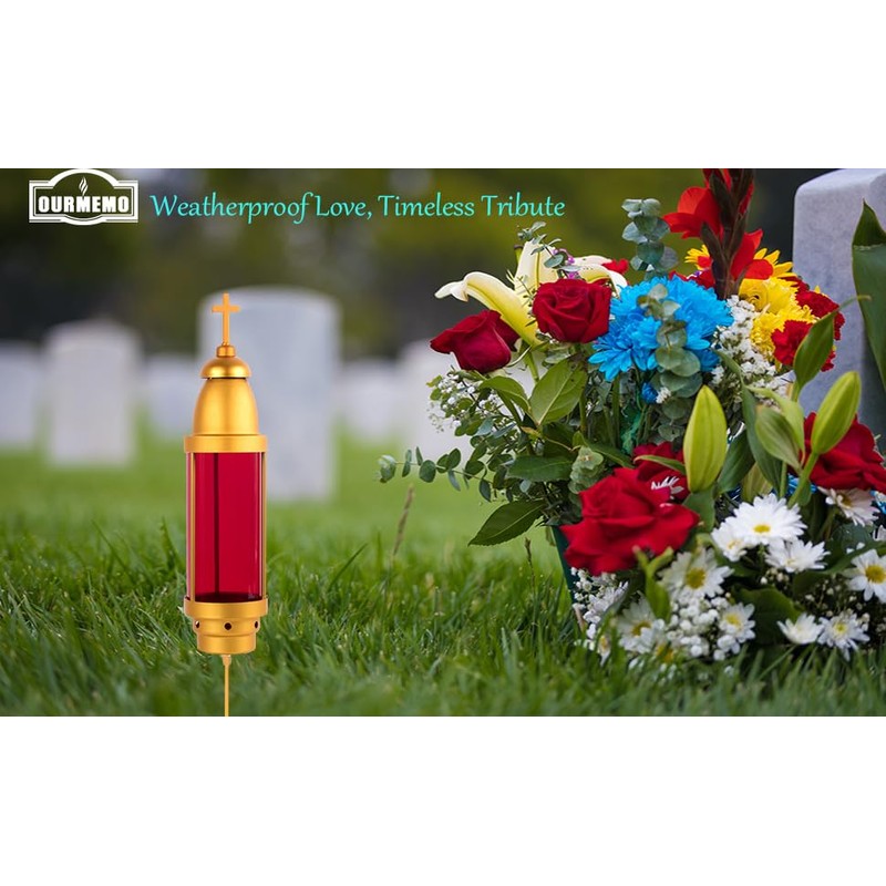 OURMEMO Greek Cross Cemetery Lights by Eternal Light,Sapphire Globe with