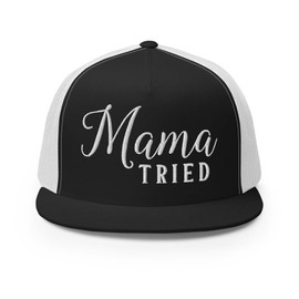 RIVEMUG NG Mama Tried Embroidered Trucker Hat Flat Bill High Crown Funny Adjustable Cap Black/White