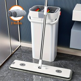 Microfiber Flat Floor Mop with Bucket Set. Square Bucket Body, Stainless Steel Handle, Household Cleaning Systemcolor: white, size: mop set with 2 heads