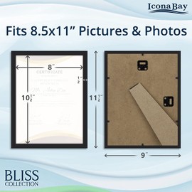 Icona Bay 8.5x11 Black Certificate Frame, Modern Style Wood Composite Document Frame, Table Top or Wall Mount, Bliss Collection