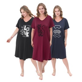 FEREMO 3 Pack Plus Size Women's Nightgown Soft Print Nightshirts for Women Short Sleeve Sleepwear (Set3,5X)