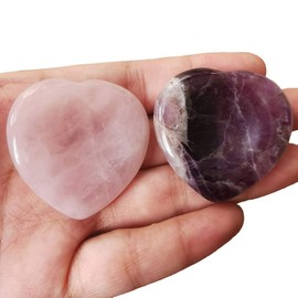 Lovionus89 Pack of 2 Heart Worry Stones Thumb Palm Trees Pocket Stones, Positive Energy Meditation Chakra Healing Crystal, Amethyst + Rose Quartz