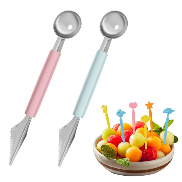 Melon Baller Scoop Set with Fruit Forks,2 in 1 Stainless Steel Fruit Tools,Fruit Decoration Carving Knife, Baller Digger Scooper Kitchen Tools for Melon Watermelon Cantaloupe Ice Cream Sorbet Dessert
