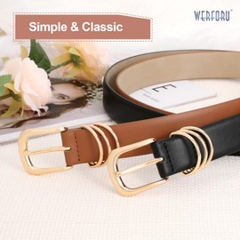 WERFORU 2 Pack Women Leather Belt for Jeans Pants, Ladies Leather Belt with Gold Buckle,Black+Brown,Fit Waist Size 27"-31"