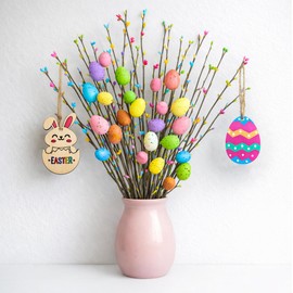 KENJOVIVO Artificial Easter Spray Vine with Pastel Easter Eggs and Berries, Wooden Eggs, Wood Rabbit & Happy Easter Ribbon, Easter Egg Twig Branches for Spring Floral Stems Home Decoration