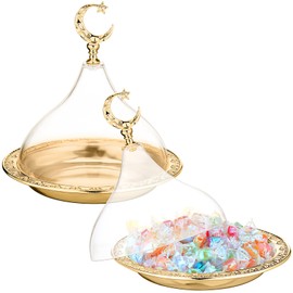 Potchen 2 Pcs Eid Ramadan Mubarak Tray Ramadan Date Holder with Clear Dome Lid Serving Tray 6.69" Metal Gold Reusable Eid Al-fitr Dessert Container for Nuts, Baklava, Samosa, Halva, Candies, Cookies