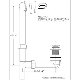 WESTBRASS Y593244CP-4 14" x 1-1/2" White Tubular Bathtub Waste & Overflow Assembly with Tip-Toe Drain Plug and 2-Hole Faceplate, 4-Pack, Polished Chrome