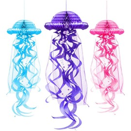 ANCLLO 3 Pieces Hanging Honeycomb Jellyfish Ornament DIY Paper Lanterns, Ball Shap Pendant Ocean Party Decorations, Pink Blue Purple