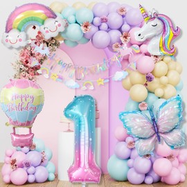 Unicorn Birthday Decoration Girl, 1 Year Butterfly Birthday Decoration, Unicorn Decoration Children's Birthday, 1-10 Years Happy Birthday Decoration, Unicorn Balloons for 1st Birthday Girl Decoration