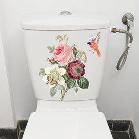 Flower Bird Toilet Cover Sticker Decals,Butterfly Bird Flower Leaf Waterproof Toilet Lid Tank Seat Decals Cistern Self-Adhesive Bathroom Wall Sticker