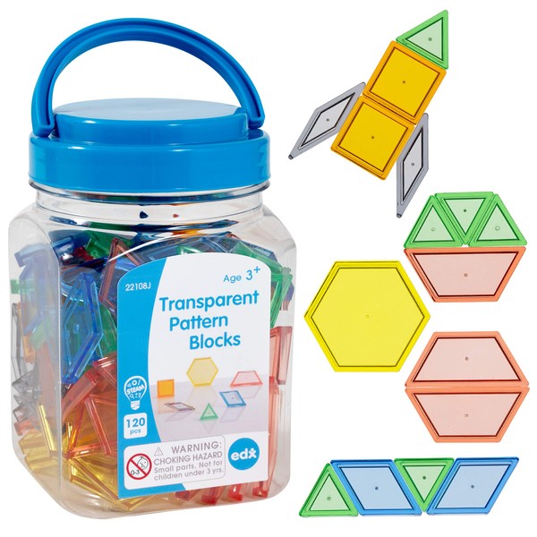 edxeducation Transparent Pattern Blocks - Mini Jar Set of 120 - Plastic Pattern Blocks - Practice Sorting, Patterns, Measurement and Fractions - Sensory Play - Math Manipulative for Kids