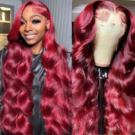 99J Burgundy Human Hair Lace Front Wig - 26 Inch 13x4 Body Wave, Pre-Plucked Glueless Wine Red Wig for Women, 180 Density 10A Reddish Brown