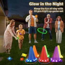 CLEMAS Light Up Throwing Games Outdoor Games Garden Game Ball & Ring & Bean Bag Toss Game Set, Party Throwing Games for Children & Adults, Ring Toss Games for Children's Birthday, Easter Eggs Spoon
