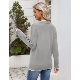 Zeagoo Women's 2025 Fall V Neck Sweaters Casual Long Sleeve Ribbed Knit Pullover Sweater Fall Shirts for Women Grey