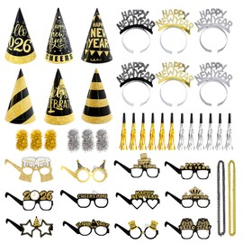 Tangrove New Years Eve Party Supplies 2026 – 48 PCS Celebration Kit with Headbands, Cone Hats, Glasses, Necklaces, Noise Makers & Wristbands – Gold Silver Happy New Year Decorations