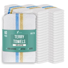 GREEN LIFESTYLE Multipurpose Terry Towels (Blue & Orange Striped, White), ComfortFeb Bar Towels - 14'x17', Durable and Absorbent, Cotton - Pack of 60