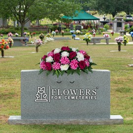 Sympathy Silks 30" Headstone Flower Saddle Artificial Cemetery Flowers - Gravesite Flowers - White Roses and Pink Peony