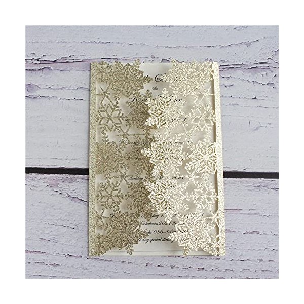 50sets Christmas Snowflake invitations snow Flower Laser Cut Wedding Invitation Card custom white Lace Invites with Envelope & Inner Paper (Gliter Gold) 18x12.5CM