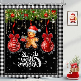 LIGHTINHOME Merry Christmas Shower Curtain 60Wx72H Inches Xmas Gingerbread Man Balls Bow Snowflake Winter Holiday Buffalo Plaid Cloth Fabric Waterproof Polyester Bathroom Home Decor Set with Hooks