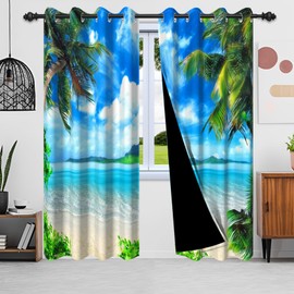 ZJRBJB Summer Beach Blackout Curtains Tropical Blue Sky Curtains Thermal Insulated Palm Trees Window Drapes Seaside Clouds Curtains for Bedroom Living Room Grommet Top 42x84 Inches 2 Panels